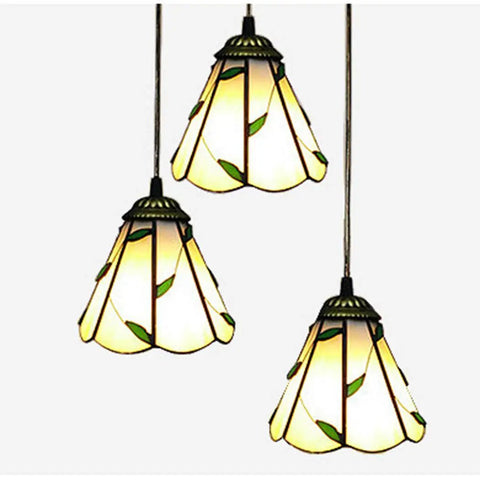 Pastoral Tiffany Style 3 Light Pendant Lamp With 10 Inch Green Leaves Stained Glass Shade E27 Ceiling Hanging Light