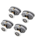 Kick Ass Abs Nylon Shower Door Roller Wheels With Slam Lock Brakes 360 Degree swivel slider pulleys, set of four, gray and white design.