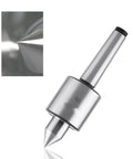 MT2 live center (tailstock) with 60° point; steel body, angled view with tip close-up inset