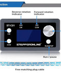 Front view of single axis stepper motor controller with indicators and control knob for NEMA 17 and 23 motors, 5 to 30V DC.