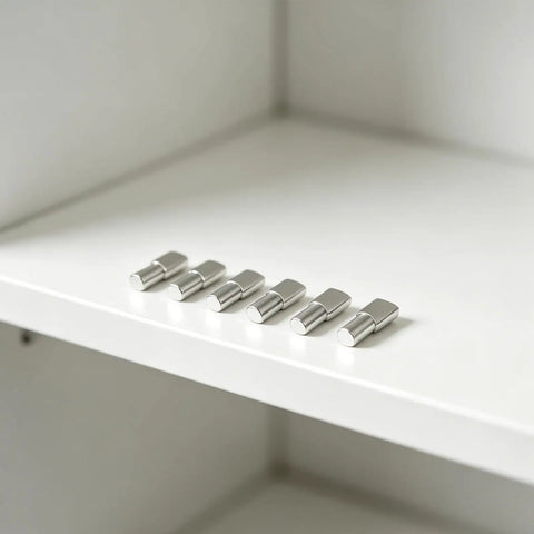 80 Pack 5mm Shelf Pegs Spoon Shape Iron Cabinet Pegs, Heavy Duty Nickel Plated Bracket displayed on a white shelf.