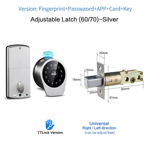 Hella Secure Smart Entry Door Lock Featuring Slick Fingerprint Reader Password Keypad RFID Cards and Smooth Phone App Remote Management for Ultimate Home Protection. Silver adjustable latch with dimensions.