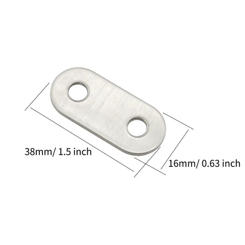 No Fuss Heavy Duty Straight Flat Corner Braces 50 Piece Metal Joining Plates With Mounting Screws Easy Install Shelf And Desk Repair Brackets showing a 38x16mm flat steel joint with two holes.
