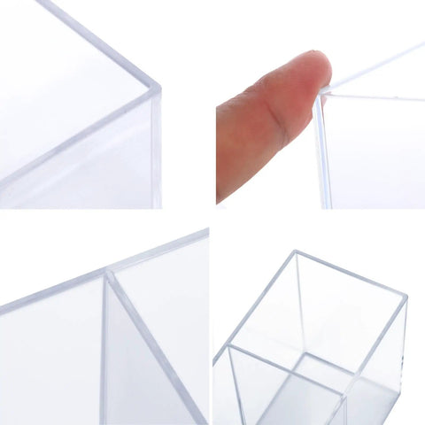 Close-up of Clear Acrylic Silverware And Pen Organizer Caddy for Office and Home, Durable Thick Plastic Holder, showing material quality.