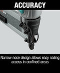 Lightweight 18 Gauge Brad Nailer, Drives 5 Eighths To 2 Inches, 2.9 Lbs Aluminum Body, Narrow Nose For Tight Spots, Pro Grade Build For Trim Cabinets And Woodworking Projects showcasing narrow nose design allowing easy nailing in confined areas