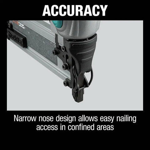 Lightweight 18 Gauge Brad Nailer, Drives 5 Eighths To 2 Inches, 2.9 Lbs Aluminum Body, Narrow Nose For Tight Spots, Pro Grade Build For Trim Cabinets And Woodworking Projects showcasing narrow nose design allowing easy nailing in confined areas