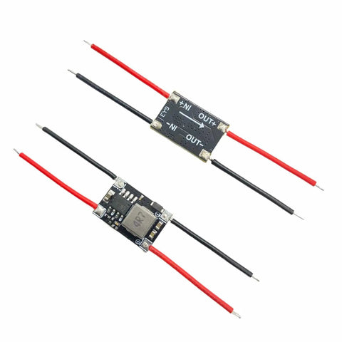 Five Pack Go To 3.3V Buck Converter Module with wide 4.5 to 24 Volt input and steady 3.3 Volt output, seen with wires attached.
