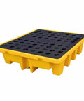Stackable Oil Drum Spill Containment Pallet With Drain Platform For Heavy Duty Industrial Spill Cleanup, yellow tray with black grate