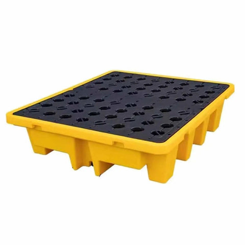 Stackable Oil Drum Spill Containment Pallet With Drain Platform For Heavy Duty Industrial Spill Cleanup, yellow tray with black grate