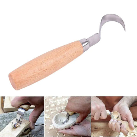 Kickass Stainless Steel Spoon Carving Knife And Hand Chisel Tools With Slick Ergonomic Grip For Badass Woodcut Chip Carving on solid oak.