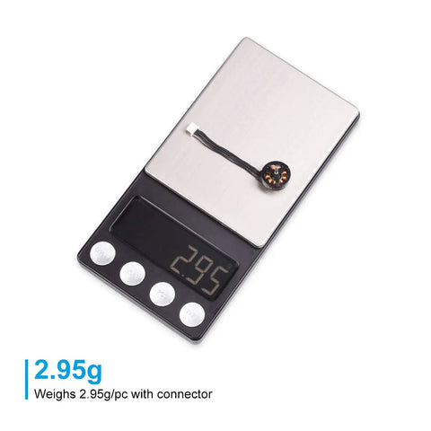 Single 1102 18000KV brushless motor for 1S FPV micro whoop drones on digital scale showing weight of 2.95g with connector. 4 Pack 1102 18000KV Brushless Motors for 1S FPV Micro Whoop Drones Like Meteor75 With Soldered Lead Wires for Easy Repairs and Quick Replacement in Tiny Quadcopter Rigs