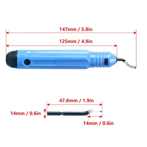 Heavy Duty Deburring Tool Kit For 3D Printers With Durable Alloy Construction And Ergonomic Grip. Blue handle and cutter dimensions shown.