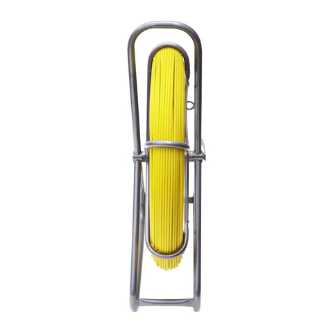 Intsuprmai 425 Ft Fiberglass Fish Tape For Electrical Conduit Wiring, yellow tape on steel stand, view from the front.