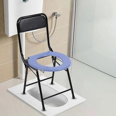 Heavy Duty Steel Frame Folding Commode Chair For Seniors And Mobility Challenges No Sweat Snap Assembly Portable Bedside Toilet with blue seat.