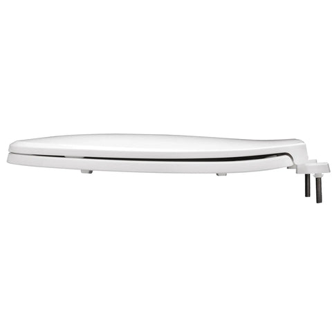 Heavy Duty Commercial Toilet Seat With Cover Elongated White Industrial Grade Stay-Tite Secure Install System Non Slip Stainless Steel Hardware Resists Rust Built To Last In Busy Restrooms, side view