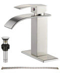 Black Bathroom Faucet Waterfall Style Single Handle with Easy Install Pop Up Drain SUS304 Stainless Steel, deck plate shown