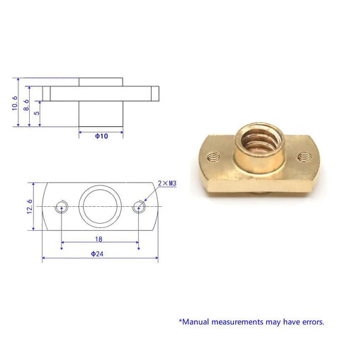Diagram and photo of brass nut for 365mm T8 Lead Screw With 2mm Lead And Brass Nut Z Axis Upgrade Kit For Ender 3 V2 Neo