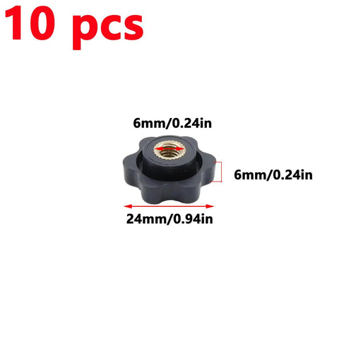 M6 Star Knob Through Hole Thumbwheel Panel Mount Clamping Handle 10 Pack Black Plastic With Brass Insert Quick Draw Twist Knob measuring 24mm.