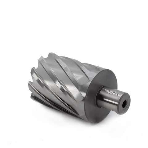 Angled side view of annular cutter with 3/4 in Weldon shank, 1-7/8 in cutting diameter and 2 in depth of cut