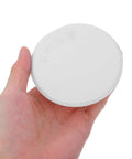 Right On Track Four Pack Flat Round Fire Sprinkler Cover Plates Slick Concealed Ceiling Caps in hand, white iron, 3.34 inch round.