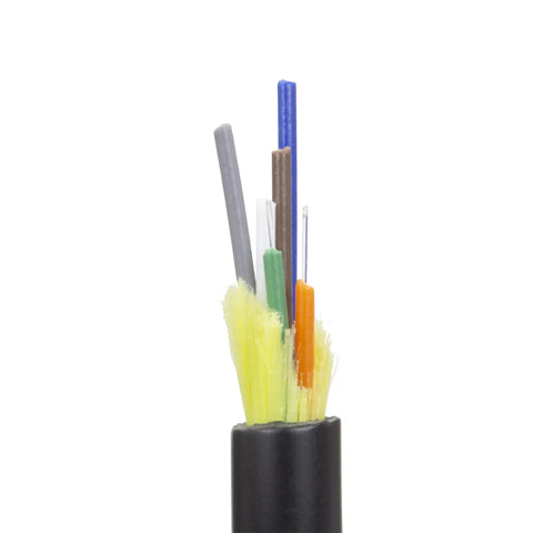 Close-up view of Heavy Duty 6 Strand Singlemode OS2 Fiber Optic Cable Spool with colorful fibers for data connections.