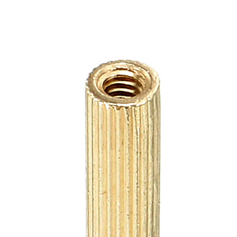Close-up of Rock Solid M2 Male Thread Brass Standoff Spacer Screws for PCB Electronics Projects, 23mm, gold tone finish.