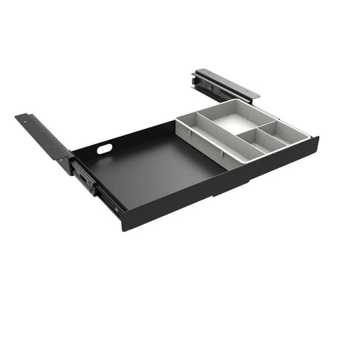 Under Desk Slide Out Pencil Drawer For Office, 15 Inch Wide Black Storage Organizer With Ball Bearing Slides, compartments visible