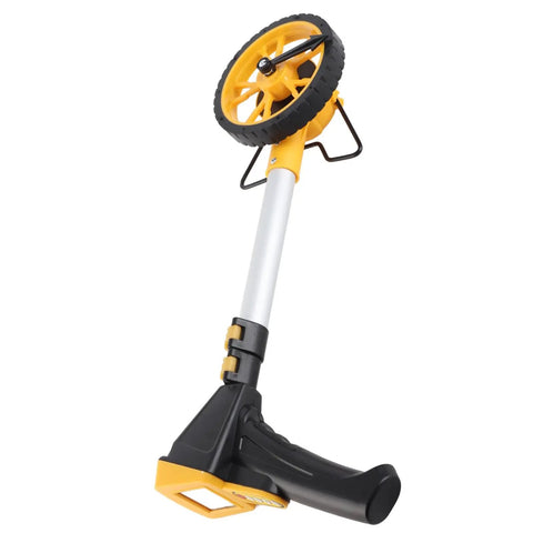 Distance Measuring Walking Wheel Digital Counting Device Foldable for with large yellow wheel and black handle.