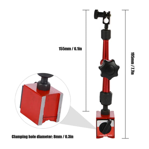 Pro Grade Dial Indicator With Magnetic Handle And Bore Gauge, Magnetic Stand Base, Precision Micrometer Measuring Tool, Hour Type Indicator, Comparator Watch For Machining And Inspection, 0-0.8mm Range, 155mm tall magnetic base