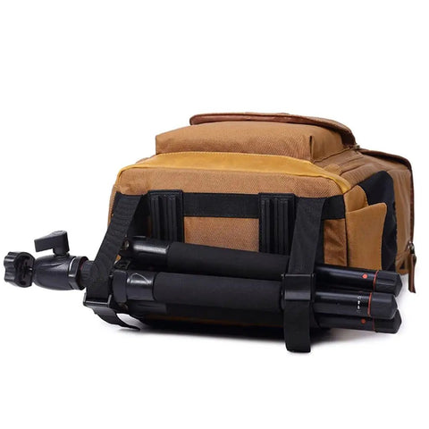 Canvas Leather Retro Camera Bag Waterproof SLR Backpack For Travel And Photography with tripod attached
