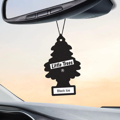 Front view of Little Trees black tree-shaped car air freshener hanging from a rearview mirror, Black Ice scent.
