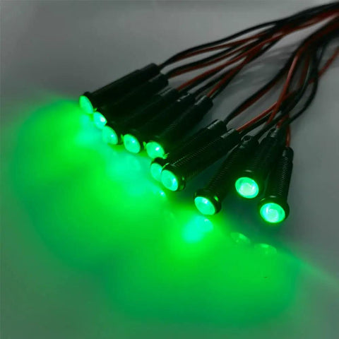 Ten Pack Green LED Indicator Pilot Lights For Panel Mount 12 To 24V AC DC With 6 Millimeter Hole Size Plastic Indicator Lamps For Power Status Signals And Telecom Equipment green LED lights