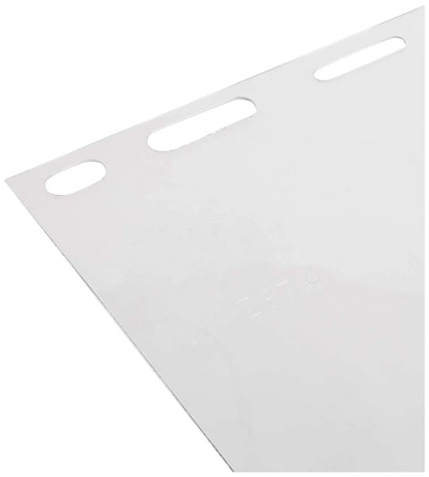Edge view of Replacement Face Shield for Worksite Safety, 8 x 15.5 x.040 Clear Polycarbonate Shield, Model 15151 with slots for visor carriers.