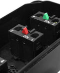 Internal view of 3 Button Industrial Control Station with up and down arrows, center stop, built tough white and black housing.