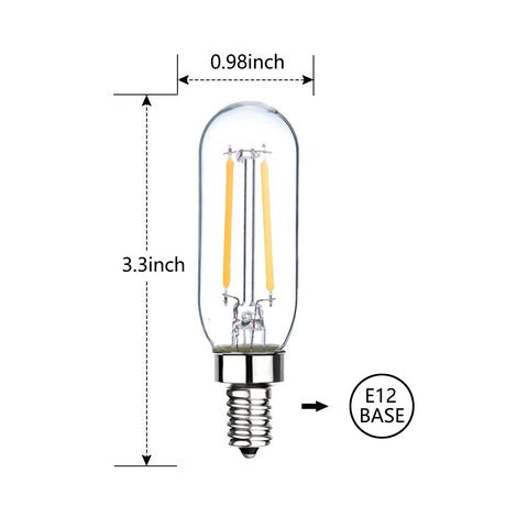 E12 LED Candelabra Bulb 2W Equivalent 25W, T6 Vintage Filament with E12 base, size dimensions, Dimmable Soft White 3000K