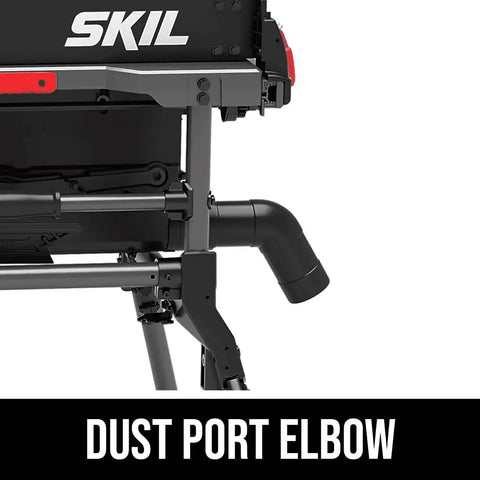 Dust port elbow on a powerful 15 amp 10 inch portable jobsite table saw with folding stand for easy on-site cuts and storage.