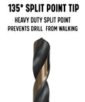 One And One Eighth Inch Reduced Shank High Speed Steel Contractor Drill Bit With Three Flat Shank For Metal Drilling Black And Gold Finish 135 Degree Split Point KFD3F Series close-up showing 135° split point tip.