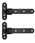 Front view of a pair of 13-inch black heavy-duty gate hinges with mounting plates and three-hole straps