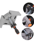 Heavy Duty Right Angle Clamp For Woodworking And Precision Welding With Badass Aluminum Build No Sweat Single Handle Design For Hella Tough 90 Degree Corners Every Time, grey clamp with stainless steel handle.