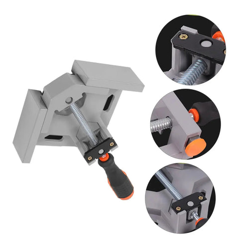 Heavy Duty Right Angle Clamp For Woodworking And Precision Welding With Badass Aluminum Build No Sweat Single Handle Design For Hella Tough 90 Degree Corners Every Time, grey clamp with stainless steel handle.