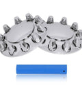 Chrome ABS front axle wheel covers for semi trucks with 33mm screw-on lug nut covers and tool displayed