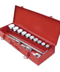 14 Piece 3/4 Inch Drive Socket Wrench Set Grease Monkey Approved For 7/8 To 2 Inch Fasteners Polished Chrome displayed in a red toolbox.