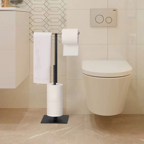 Free Standing Toilet Paper Holder For Bathroom In Black Finish, Sturdy Stainless Steel Base, 22.8 Inch Tall, Easy Move Roll Holder