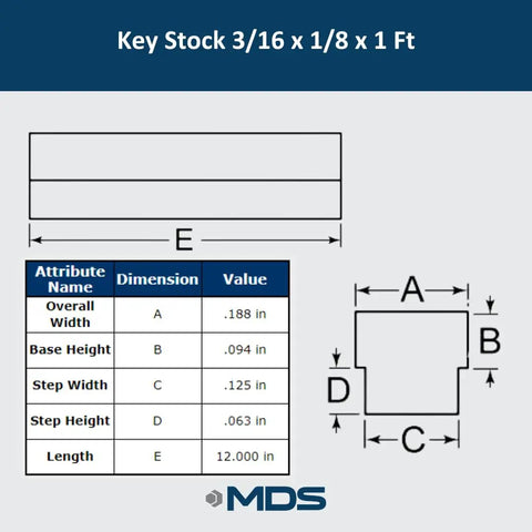 Diagram of Zinc Plated Carbon Steel Step Key Stock Three Sixteenth Inch By One Eighth Inch By One Foot with dimensions.