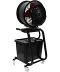Heavy Duty 300W Industrial Drum Fan With Wide Oscillating Sweep And Rugged Caster Wheels, mounted on a black frame with a water tank.