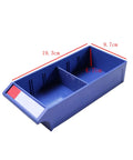 Blue plastic storage bin with dimensions 19.3cm x 9.7cm x 4.7cm, showing sections for organizing small parts and tools.