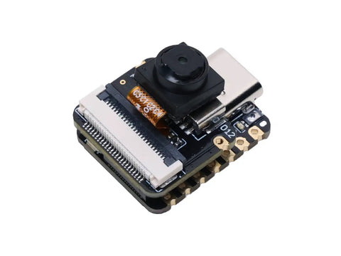 Compact ESP32 S3 Development Board with detachable OV2640 camera sensor and digital microphone, featuring WiFi and BLE 5.0 support.