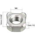 Top Shelf M8 Square Weld Nuts Carbon Steel UNC Coarse Threads Heavy Duty Fasteners Silver Plated showing a single square weld nut.