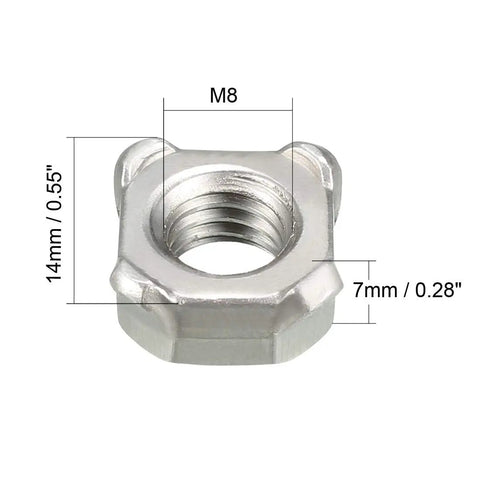 Top Shelf M8 Square Weld Nuts Carbon Steel UNC Coarse Threads Heavy Duty Fasteners Silver Plated showing a single square weld nut.