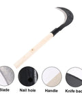 Long Handle Manganese Steel Scythe For Gardening And Weeding Tool With diagrams showing parts like blade, handle, nail hole